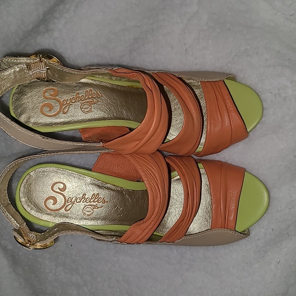 Seychelles Size 7 Peach, Lime Green, Tan Leather Heeled Sandals - Picture 2 of 10